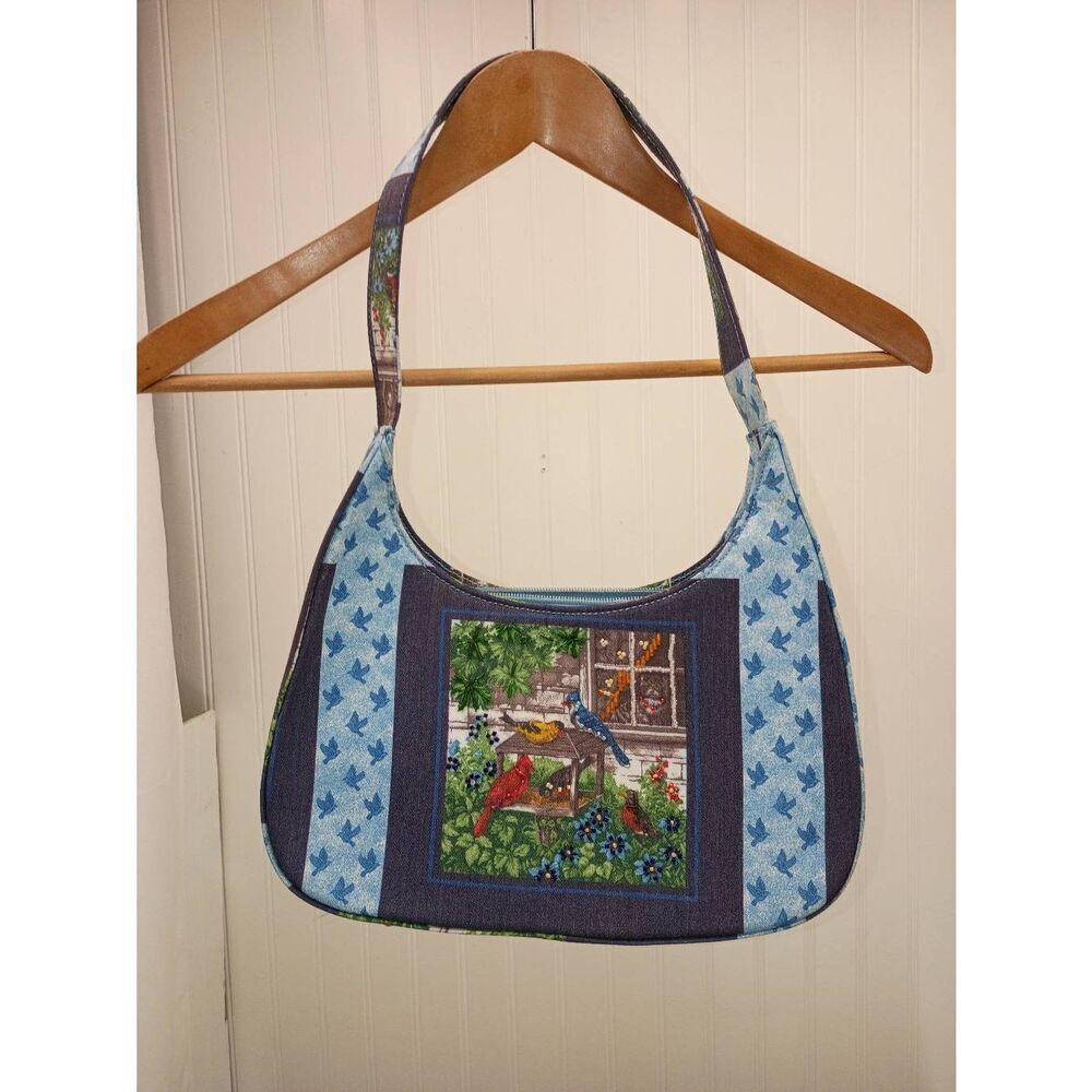 Blue patchwork beaded bird, garden handbag